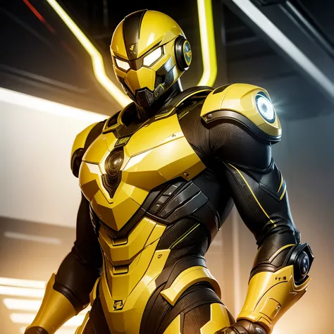 cyrax, yellow robot, male, yellow, green shiny eyes, yellow armor