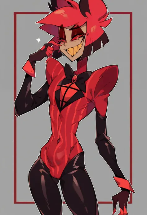 alastor (hazbin hotel), radio demon, sharp toothed grin, ((((dark red (((shiny latex suit))) with pinstripes)))), monocle, elega...