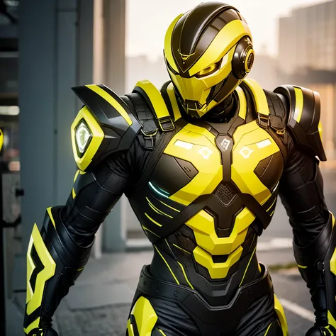 cyrax, yellow robot, male, yellow, green shiny eyes, yellow armor