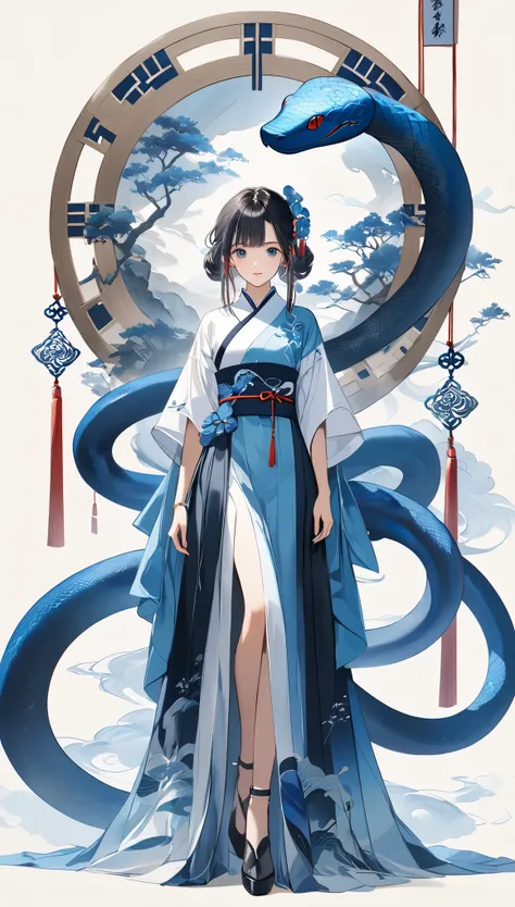 Digital art symbolizing the blue snake、Blue snakes on both sides、Art design reminiscent of ancient Chinese hanging scrolls、A woman incarnated as a snake stands in the middle