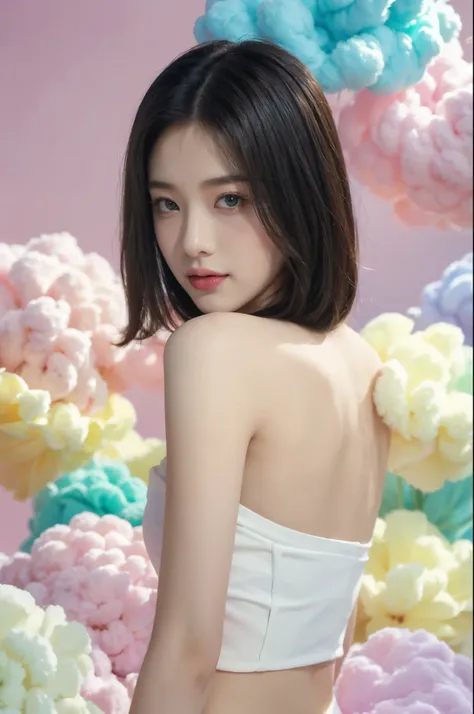 
(((best quality))),(((ultra detailed))),(((masterpiece))),illustration,from back,1girl, beautiful, ethereal, dreamy eyes,bare back, delicate features,simple shoulder length straight hair, surrounded by colorful cotton candy clouds, serene posture, gentle ...