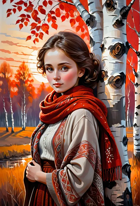 a young Russian girl, against the background of a scarlet sunset, complex detailing, aged canvas, "the girl by the white birch" (in the style of Norman-Ackroyd, depicted in oil on canvas), a beautiful girl with brown hair in a scarf, hugging the trunk of a...