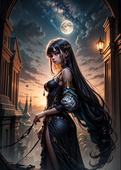 A girl demon standing on the branch of a huge dead tree、Look at me、Beautiful Face、Fairytale World、I can see a hut in the distance、Pale Full Moon, Almost hidden by clouds、Starry Sky、Cinematic lighting、Fantasy art、Illustration art、Very delicate、Beautiful lig...