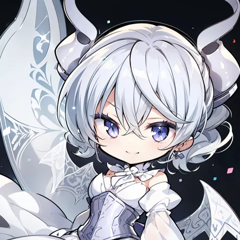 silver short hair, silver horn,  white dress, white cape, puffed sleeves, white gloves, silver corset, 


chibi character、
grin、...