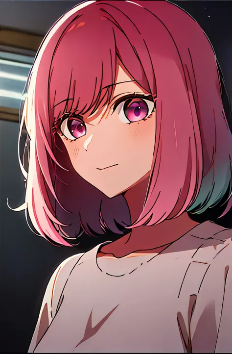 kurokawaakane(1zgame),1girl, solo,stage,portrait,looking at viewer,Give her pink hair and pink eyes