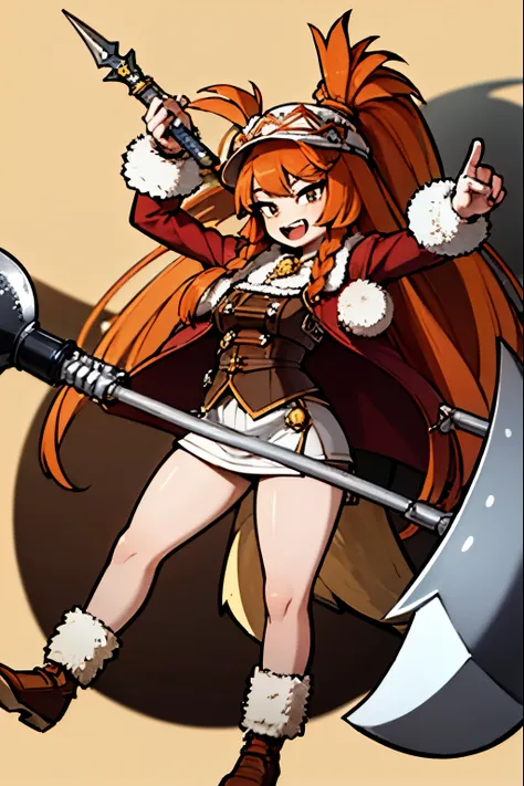 Ultra-detailed, Best Quality,low length,Chestnut Hair,(Giant Battle Axe:1.5),Fur coat,Carry a weapon,ho ears々laughing out loud,Transistor Grammar,Fur hat,One Girl,Viking Helmet,Rabbit motif head ornament,Arms crossed,Knight,Two big braids