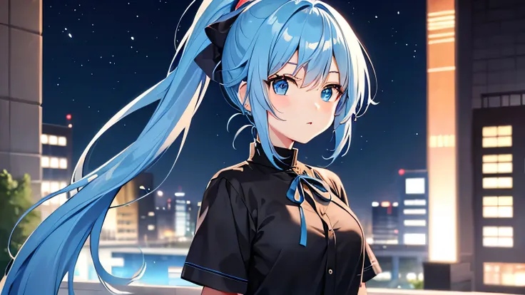 Blue hair ponytail, Cute girl anime visuals, , Anime Moe Art Style, Young Anime Girl、night