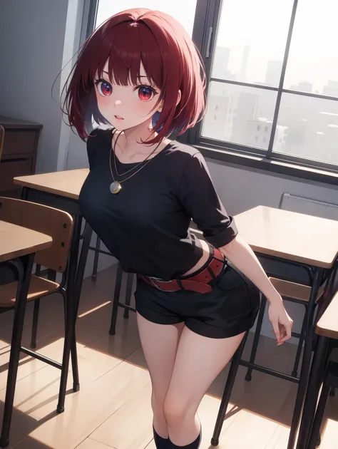 kanaarima, kana arima, bob cut, (red eyes:1.5), red hair, short hair,
BREAK (Yellow belt， purple sphere shape necklace， white short socks， Red shoes:1.2),
BREAK looking at viewer,standing, leaning forward, arms behind back,
BREAK indoors, classroom,
BREAK ...