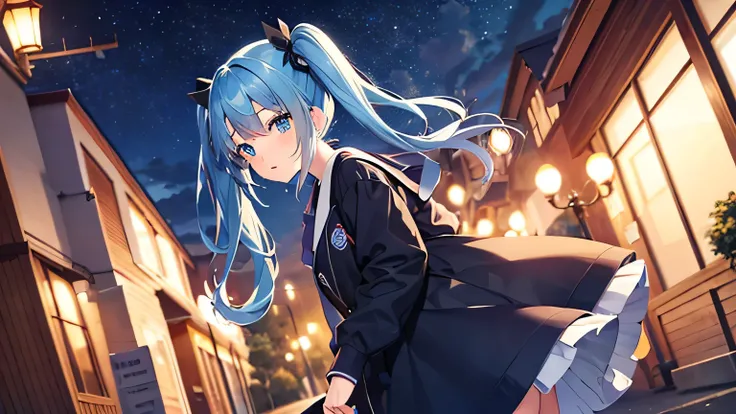 Blue hair, long, country-style twin tails, Cute girl anime visuals, , Anime Moe Art Style, Young Anime Girl、night