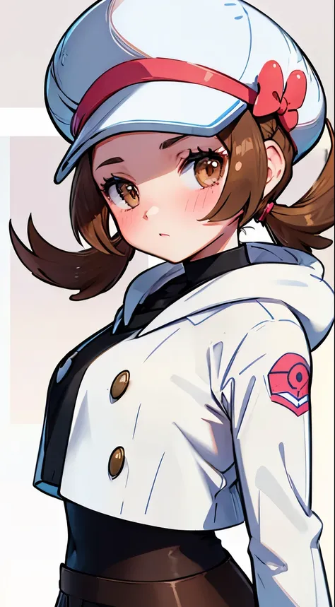 brown hair，brown eyes long hair，twin ponytails，white suit，brown coat，sonya《pokémon》blush，big breasts，beauty，company background，p...