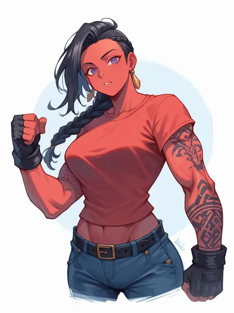 High angle, Eiji HASHIMOTO style, young woman with red skin, black hair in a braided bob, African braid, purple eyes, athletic body, muscular arms, tall, earrings, street tattoos, bleu t-shirt, jeans slim black belt, sketch