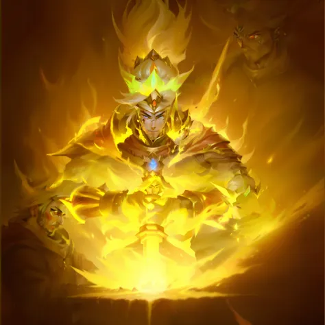 a man wearing a crown with a fire on his chest,holding a sword in the ground， holy flame crown spell, anti-dark glow power aura,...