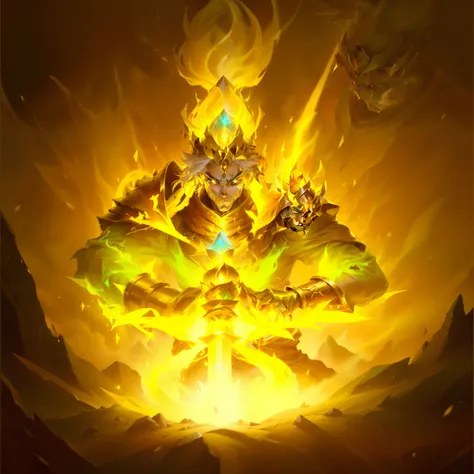 A man wearing a crown,Holding a sword in the ground, Holy Flame Crown Spell, Anti-dark glow power aura, Aura of power. Detailed, fire spell, Skill Icon,英雄联盟Skill Icon, League of Legends Inventory Items, Stylized game icons, League of Legends style,