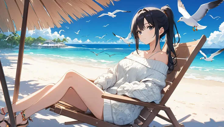 Anime girl with black hair and ponytail, Dark Eyes, Large Breasts, Wearing a white off-the-shoulder summer sweater on the beach, Relax on a beach chair、Watching the Maldivian sky and the seagulls flying 