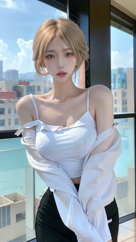 Beautiful woman，Have a perfect body：1.4，Layered Hairstyle，Visible cleavage，White tights：1.8，Maxi pleated skirt，whole body，Highly detailed face and skin texture，Double eyelids，Skin Whitening，Long white hair