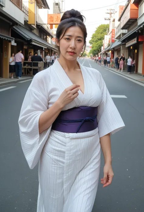 (japanese, 4, mature woman, japanese mom), alone, (white skin, oily skin), (brown hair, updo), break, 

(plain pure white yukata...