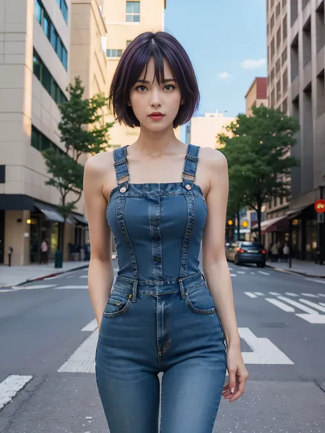 ((Best quality, 8k, Masterpiece :1.3)), 1girl, body close up, slim face, beautiful girl, purple hair, short hair, full length white camisole :0.45, denim overall, Ultra detailed face, Detailed eyes, Double eyelid, blur background, slim face, city, outside,...