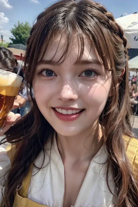 realistic, cinematic, photogenic, Oktoberfest, in an urban area, a very lively crowd around, festive atmosphere, under the sunshine, ultra close-up, eating pretzel, drinking beer, big smile, wearing dirndl dresses, bright bronde hair, pompadour hairstyle, ...