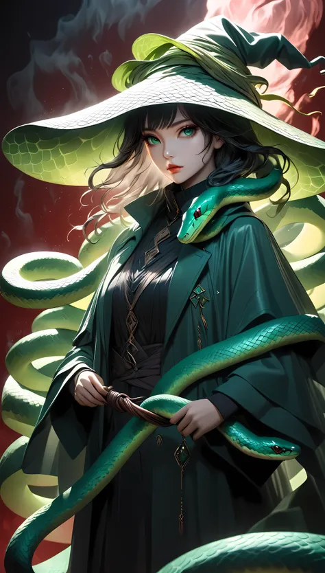 a mysterious snake-charming witch, solo, controlling a jade green snake, the snake coils around her body like a mystical garment...