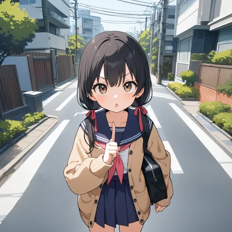 High resolution, 8k, best quality, masterpiece, ultra detailed, anatomically correct, anime, kwaii,
1girl, standing on side in sidewalk, raise index finger,
very long low twintails with red ribbon, very long low pigtails, black hair, dark brown eye,
focuse...