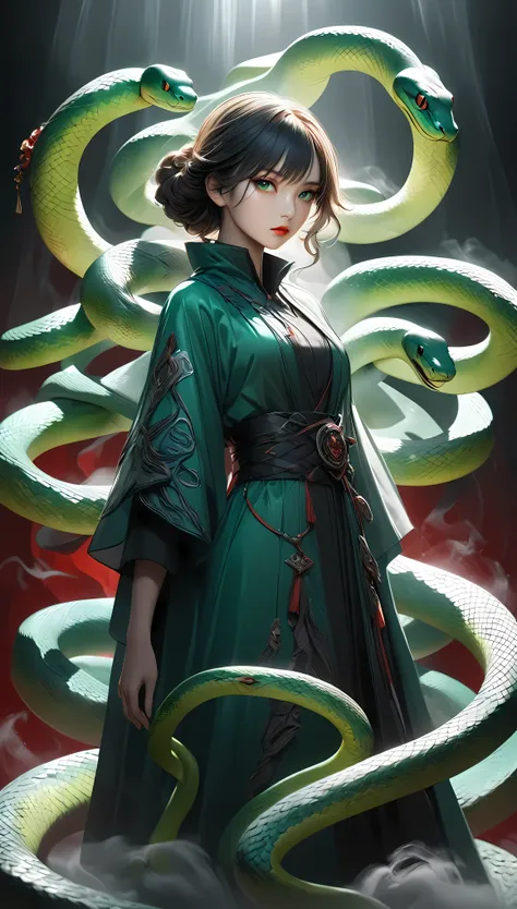 a mysterious snake-charming witch, solo, controlling a jade green snake, the snake coils around her body like a mystical garment...