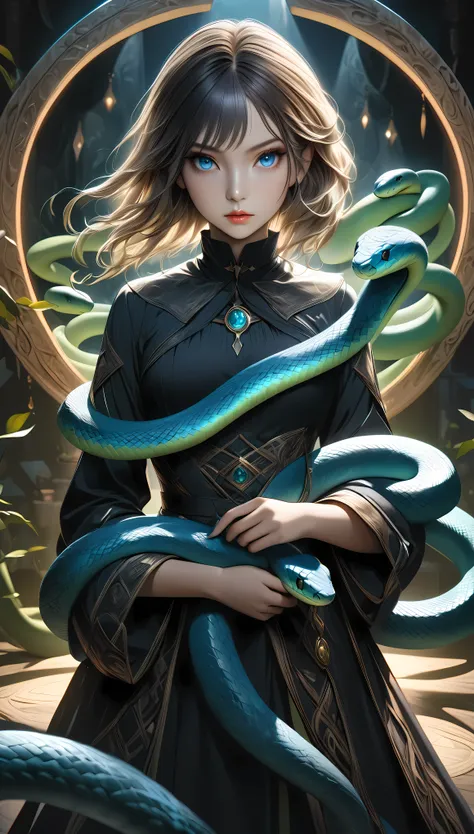 a young witch summoning and controlling a blue snake, the snake coiled around her body like a garment, green snake carefully gua...