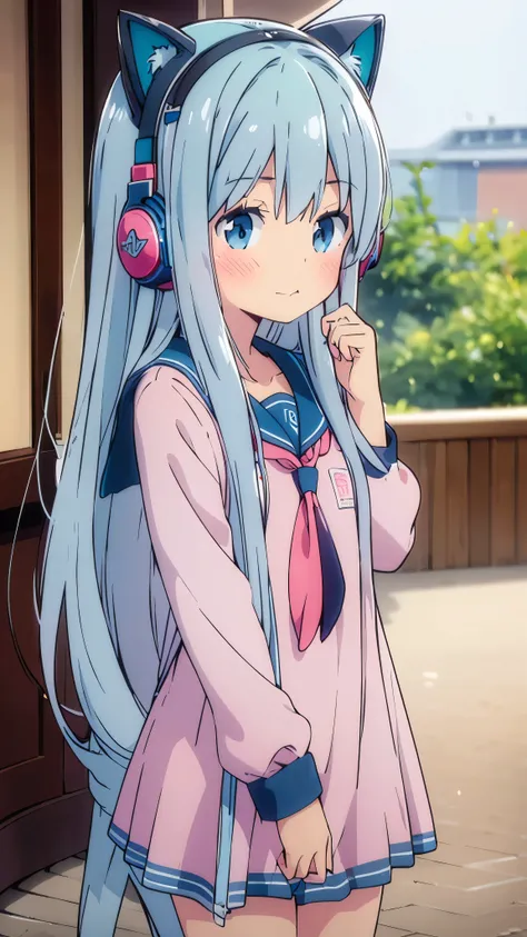 1 girl, High resolution, Long hair, blush, blue eyes, blue hair, Navy school uniform Reflection light, , hood, blush, The best quality, cat ear headphones,