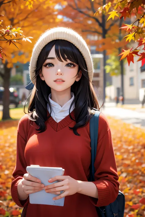 Autumn scenery、One young beautiful woman、Autumn fashion、Background: Autumn foliage