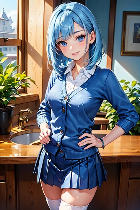 best quality, (masterpiece:1.3), absurdres, highres,16k, ultra high res, official art, illustration, extremely detailed, 1girl, solo, 20yo, 
delicate lines tailed face, (medium hair:1.9), (side swept bangs:1.7) 
(beautiful (aquamarine blue) hair:1.2), (shi...