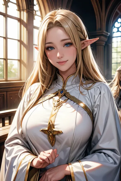 Perfect natural light、8K High Resolution、High resolution、Beautiful woman、masterpiece、Beautiful Mature Woman、RPG style different world、Elf Woman、Blonde Saint、Light Spirit Magic、Large Breasts、Pilgrimage、Delicately decorated sacred vestments、smile