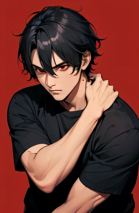 man, adult, high, strong, black hair, messy and short, red eyes, tanned skin, black loose t-shirt, suspicious expression.