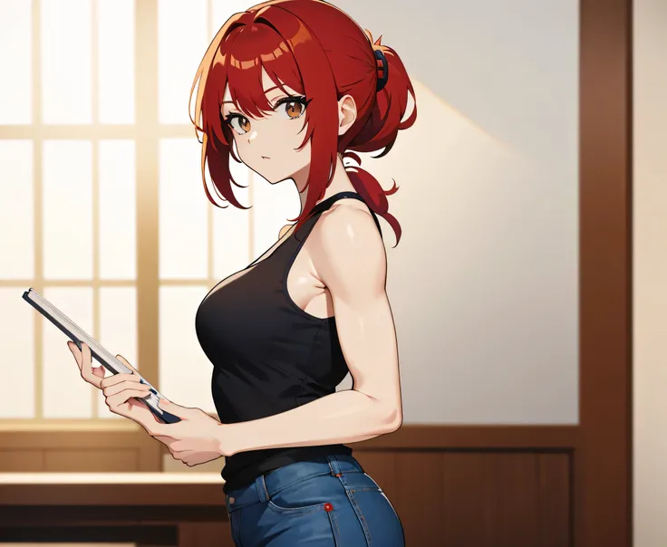 Red Hairのアニメのgirl, alone, Vibrant, girl, Handsome,  Brave, Standing, Anime Style, Official fan art, ponytail, Short Hair, Red Hair, Brown eyes, Big Breasts, had large breasts, Muscular Woman, In anime style, Feminine and muscular, Fan art, clothing:Black t...