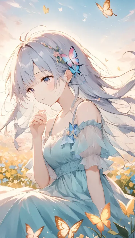 ((Pale lines and soft colors create a dreamlike effect., Fleeting Impressions..)),Girl sitting in a flower field,A butterfly with a slightly sad expression々View、((A butterfly resting on your index finger々))、Butterflies around々Dance