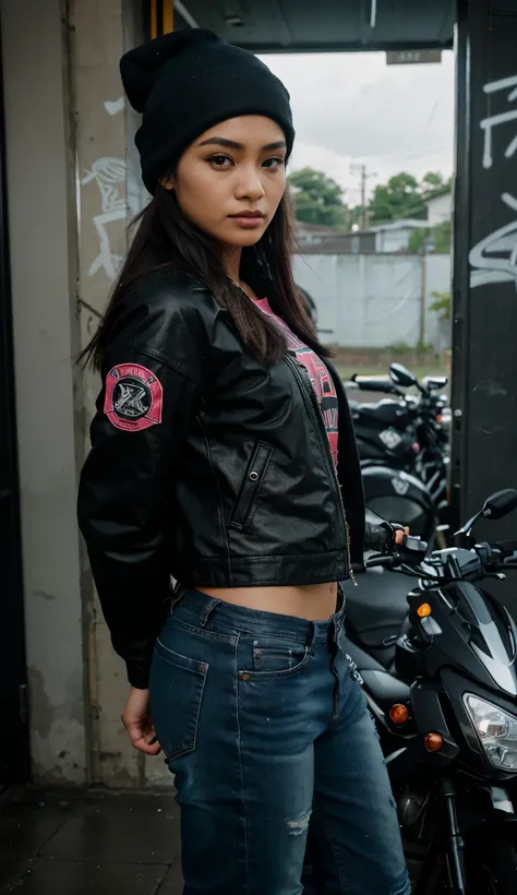 an Indonesian beautyful woman wearing a black beanie that says "INDAH", a long black-pink trendy motorbike jacket that says (ARMEISA), black denim jeans with a tactical style. leaning in front of a shop with a rolling door covered in graffiti. Beside her, ...