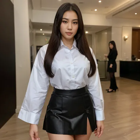 hyper-realistic photo of one beautiful Korean and Thai mixed woman, hyper-realistic skin textures, wearing a formal shirt and skirt, Instagram model, Masterpiece, hi res, 8k, RAW photo, high quality, professional, 4k, at a party background, highly detailed