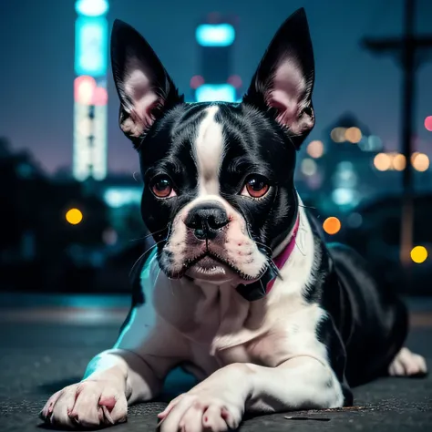 Boston Terrier Adult　Lying down　A slightly slim and dignified face　He has a dissatisfied look　The background is a cyberpunk cityscape at night