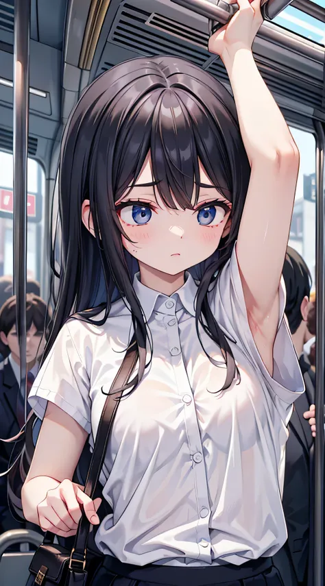 holding on to the railing of the train,armpits, presenting armpit,(looking away:1.4), (train interior:1.3),(crowded train:1.3),
upper body,(white shirts:1.5),