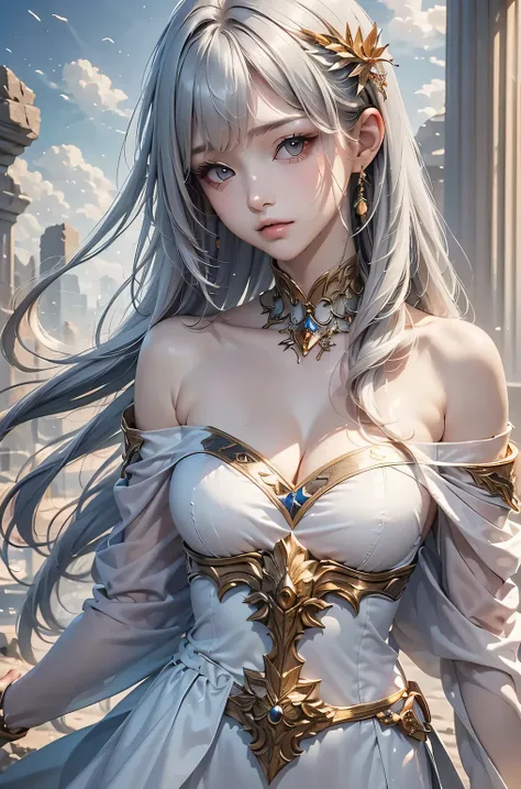 masterpiece, best quality, very detailed, 1girl, gray hair, face: sweet girl, medium breasts,  off shoulder, angel, fantasy char...