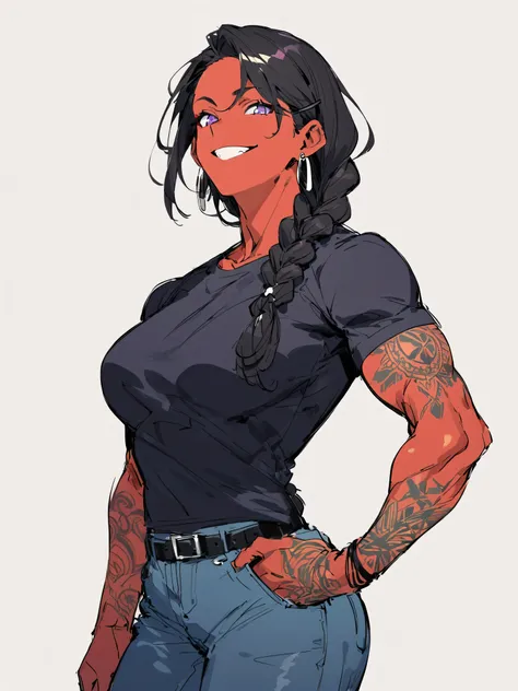 High angle, Eiji HASHIMOTO style, young woman with red skin, black hair in a braided bob, African braid, purple eyes, athletic body, muscular arms, tall, earrings, street tattoos, bleu t-shirt, jeans slim black belt, sketch, She smiled 