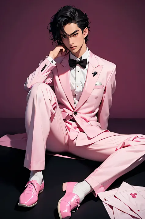 Japanese　　Handsome　Black Hair　　　Bow tie　All pink tuxedo　All clothes are pink　Sitting　latex　　Background Universe　Leg spread　　Bulge