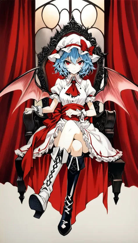 1girl, solo, ceiling, full body, crossed leg, sitting, royal throne, red carpet, red curtain, Window, red full moon, red night sky, Gloomy painting style, traditional media,
Anime Girls, remilia scarlet, blue hair, dress, frills, hat, hat ribbon, mob cap, ...