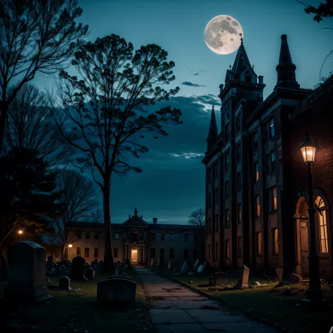 An poorly maintained creepy graveyard with an old run down abandoned asylum in the immediate background late at night under the light of a full moon