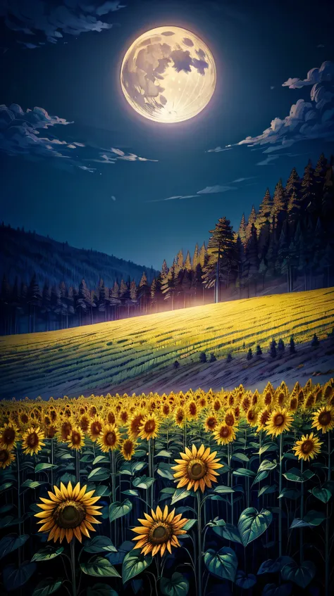  A hillside filled with tall sunflowers glowing under the soft light of the moon. The flowers sway gently in the night breeze.