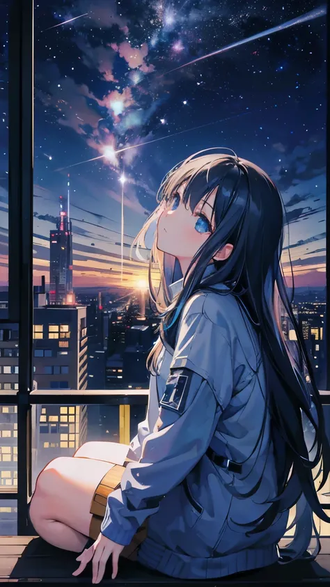 octane, sky, Star (sky), scenery, Starry sky, Night, 1girll, Night sky, Solo, Outdoors, Building, Cloud, Milky Way, Sitting, tree, Long hair, City, Silhouette, Cityscape, Looking Up The Sky, 8K, Beautiful night sky, Ray tracing, Masterpiece, Cute face