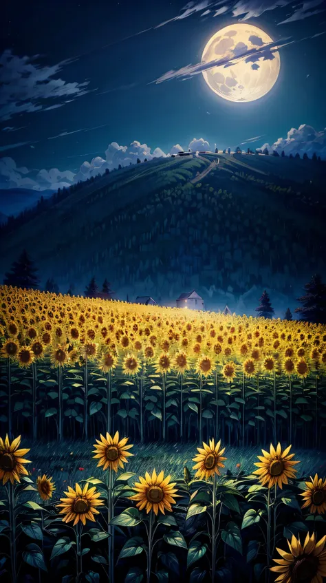 a hillside filled with tall sunflowers glowing under the soft light of the moon. the flowers sway gently in the night breeze.