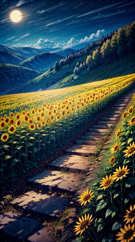  A hillside filled with tall sunflowers glowing under the soft light of the moon. The flowers sway gently in the night breeze.