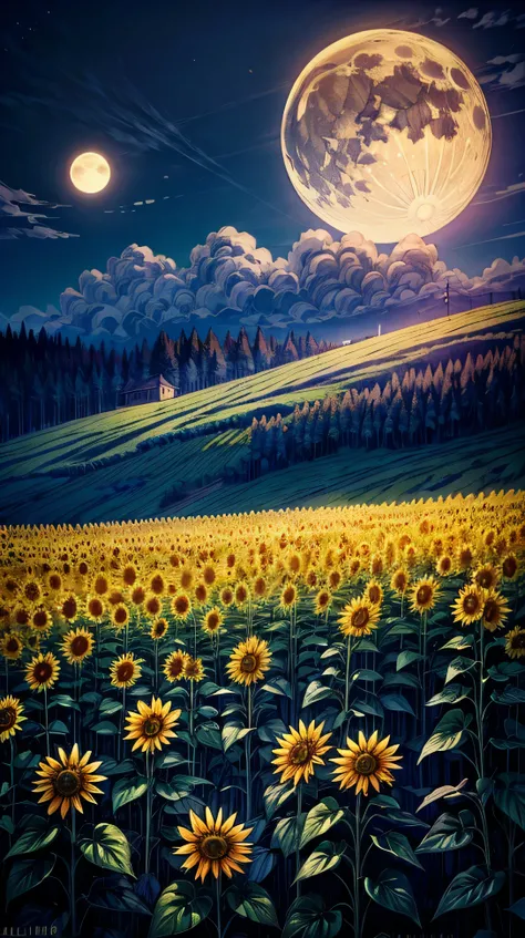  A hillside filled with tall sunflowers glowing under the soft light of the moon. The flowers sway gently in the night breeze.