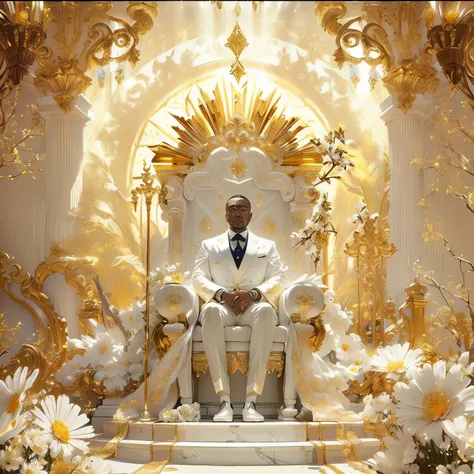 A low angle full body shot of a regal black man sitting on a grand, intricately carved marble throne, dressed in a pure white silk suit, surrounded by delicate golden floral decor and large daisies, with radiant beams of light behind him creating a divine ...