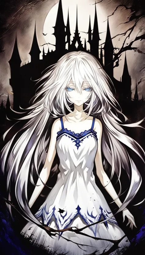 1girl, solo, front_view, Diabolical, Ruined palace in the distance, Gloomy painting style, behind her a gothic castle,
Anime Girls, (white long camisole), pale skin, albino, white long hair, half closed eyes, blue eyes,
Score_9,Score_8,score_7_up,source_an...