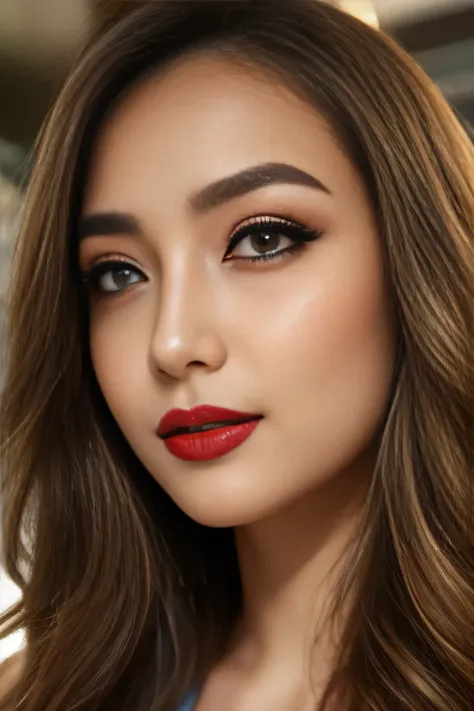 5, (Japanese Mature:1.2), Captivating Gaze, Dark brown eyes, (8k, High resolution,super high quality, Ultra HD,Ultra-realistic,Highest quality), Close-up photo with focus on face, Perfect Makeup、Blue eyeshadow、Dark eyeliner、glossy pink lipstick、(Realistic ...